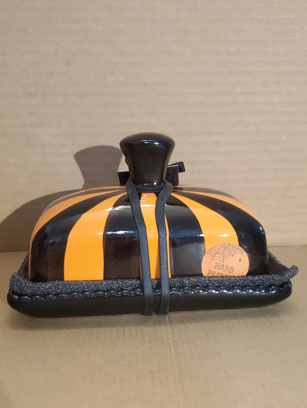 Cobwebs & Cauldrons Black and Orange Striped Butter Dish